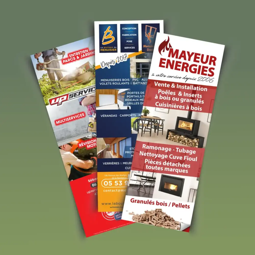 creation et impression affiche et flyers pour up service la boutique du menuisier mayer energies par couleur pixel marmande 47