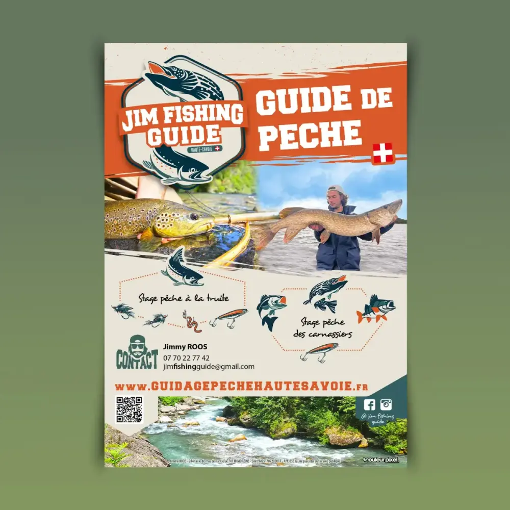 creation et impression affiche et flyers pour jim fishing guide de peche haute savoie par couleur pixel marmande 47
